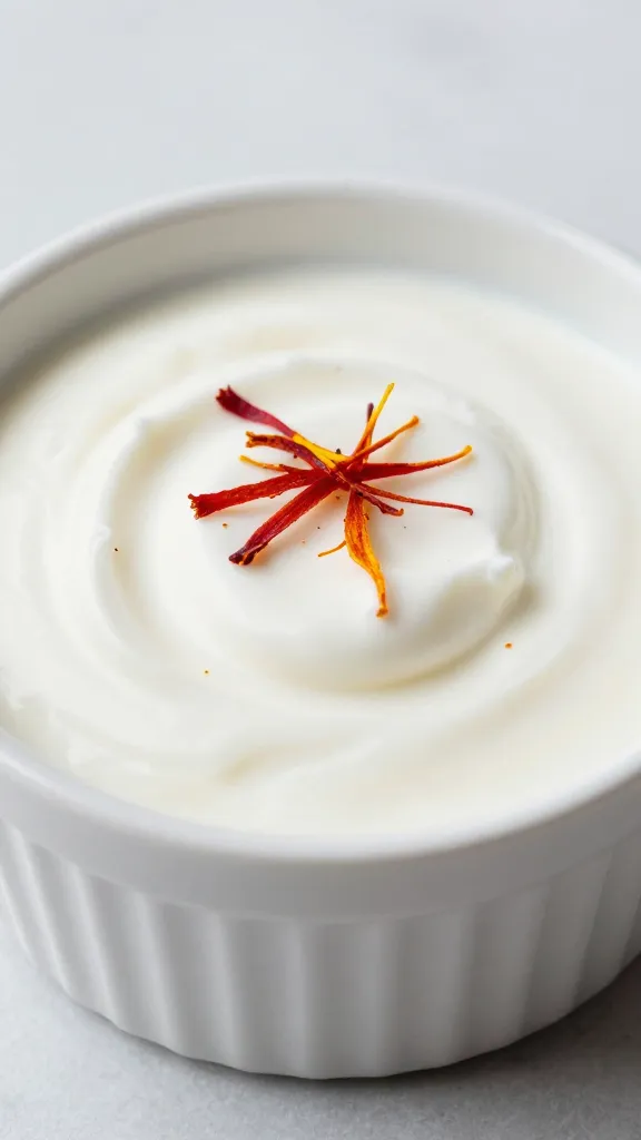 white ramekin of saffron yogurt, saffron flecks visible