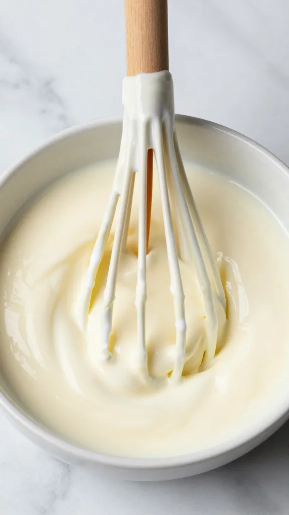 whisk coated in saffron yogurt over marble surface