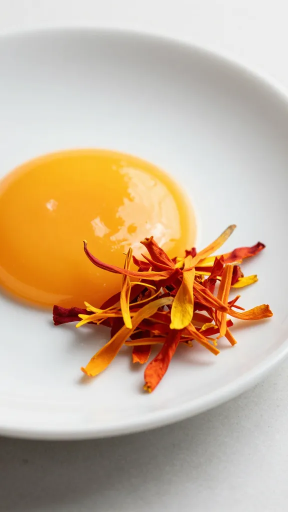 closeup saffron threads on saucer beside coulis dollop