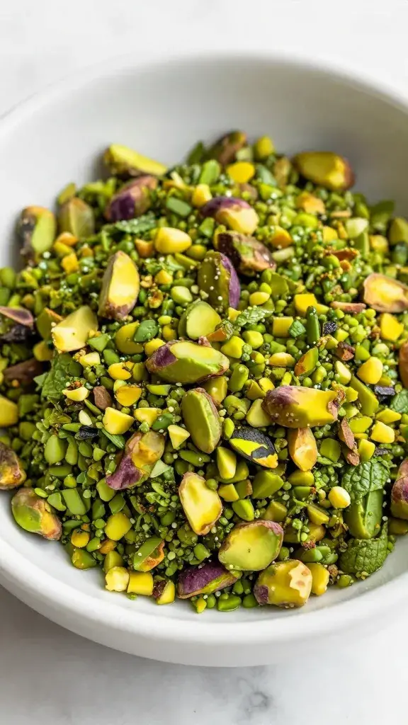 closeup bowl of pistachio-mint gremolata on marble