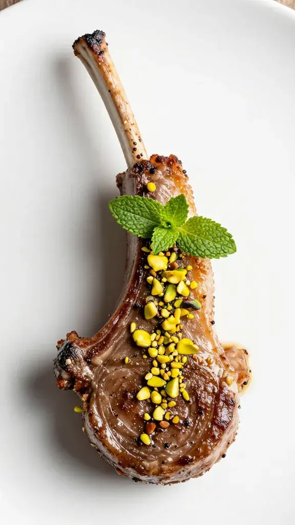 single roast lamb chop topped with pistachio-mint gremolata