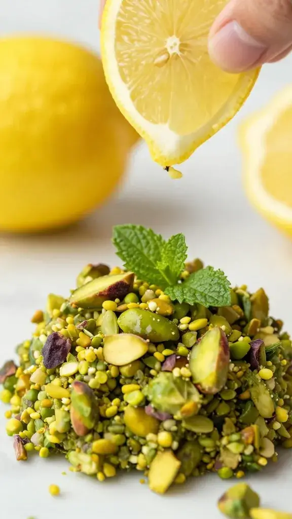 lemon being zested over pistachio-mint gremolata, macro shot
