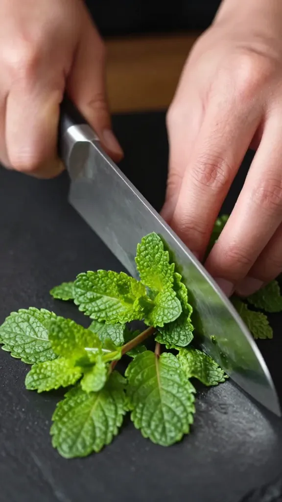 chef’s knife chopping fresh mint leaves, tight overhead