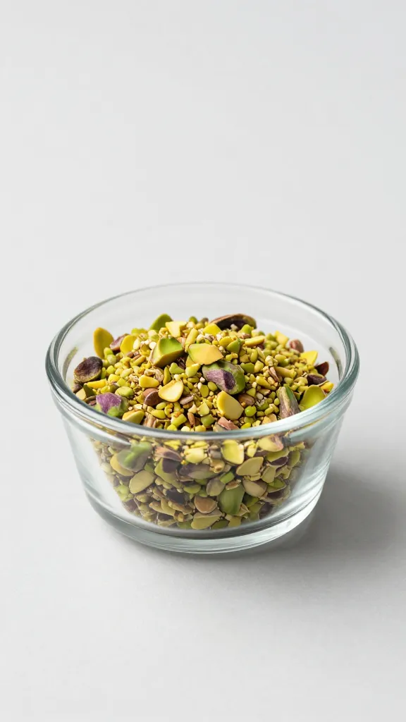 small glass ramekin of chopped pistachios, studio lighting