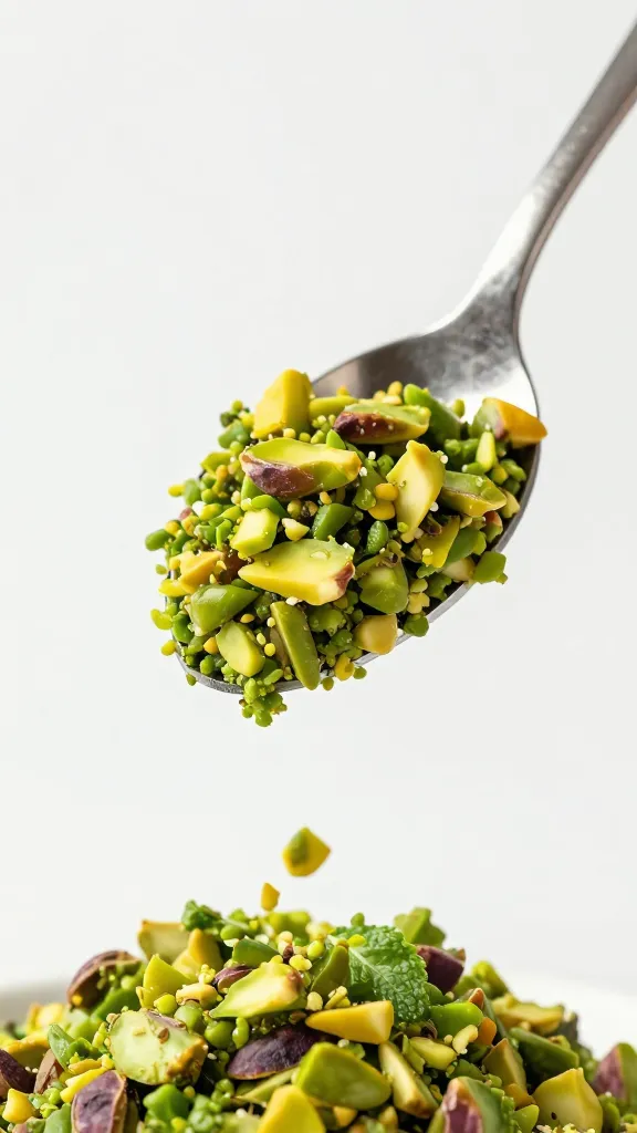 spoonful of pistachio-mint gremolata hovering over lamb