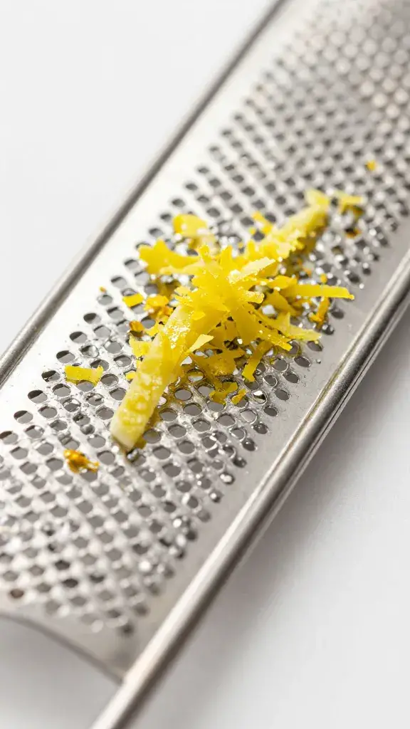 fine-mesh microplane with fresh lemon zest, close detail