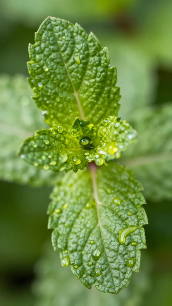 single sprig of mint coated in olive oil droplets, macro