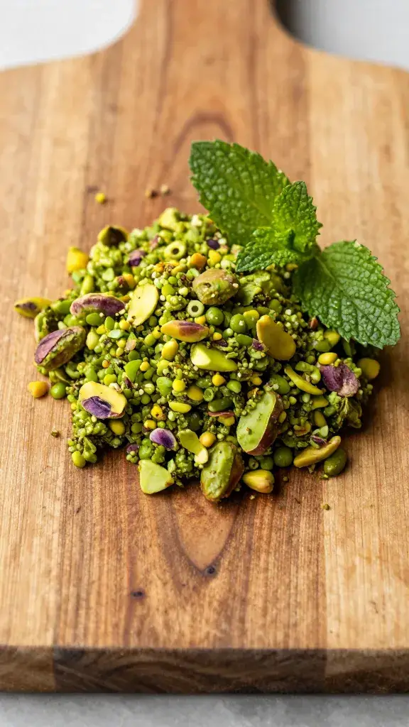 rustic wooden board with mound of pistachio-mint gremolata