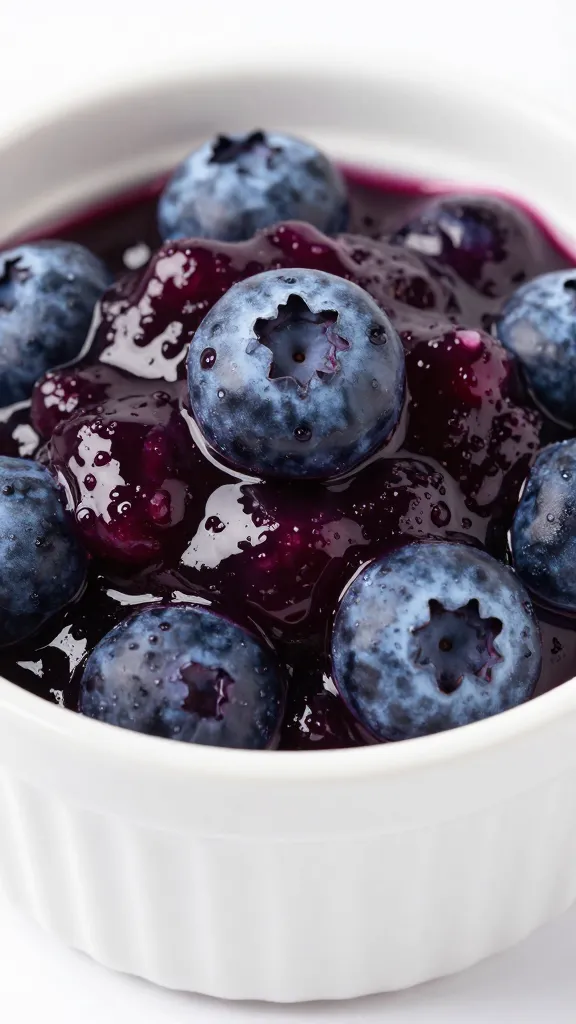 closeup of glossy lavender blueberry compote in white ramekin
