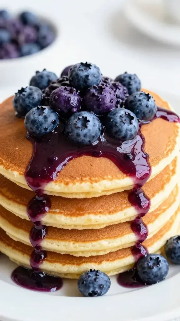 single pancake stack topped with lavender blueberry compote