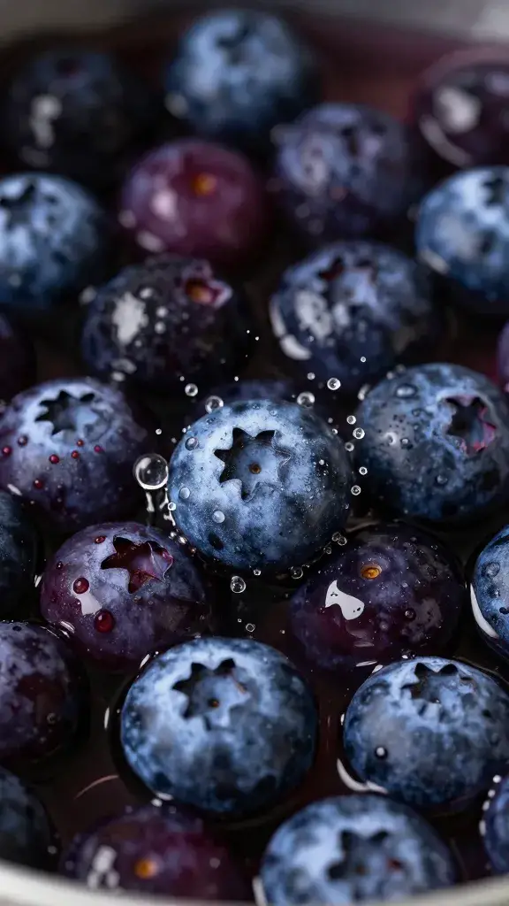 macro shot of bursting blueberries in simmering compote