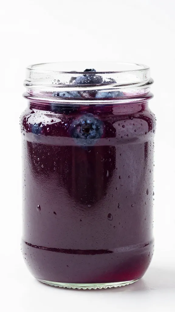 glass jar of lavender blueberry compote with condensation
