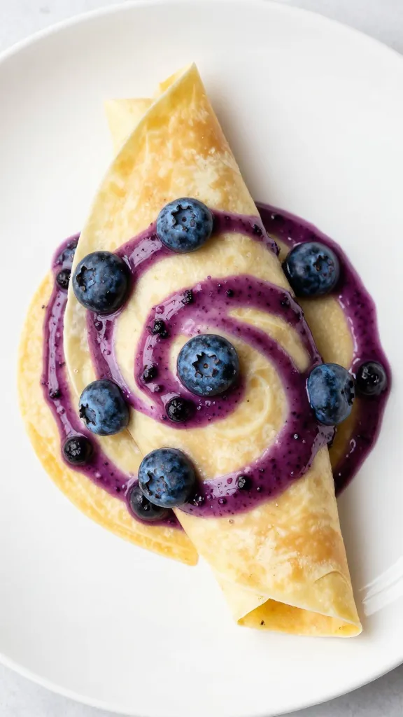 overhead of single crepe swirled with blueberry lavender sauce