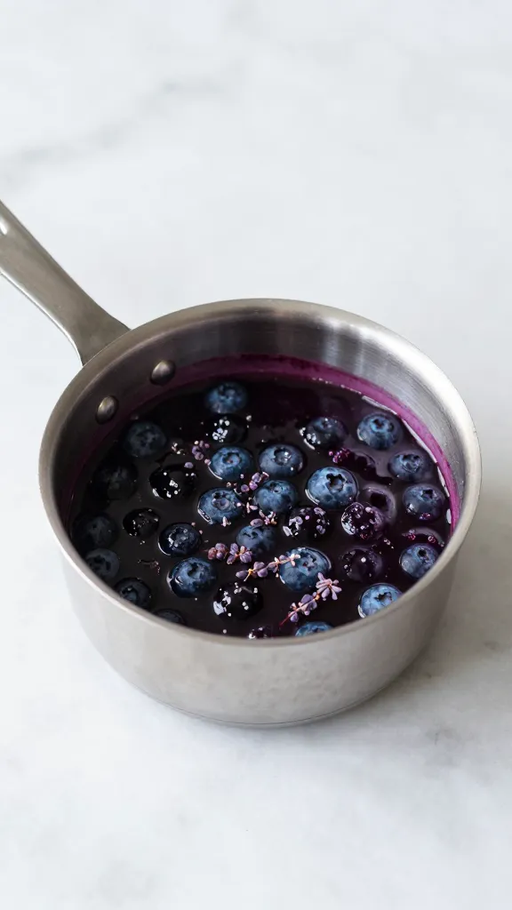 small saucepan of blueberry lavender compote on marble countertop