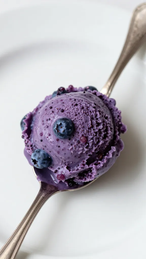 single scoop of lavender blueberry compote on antique spoon