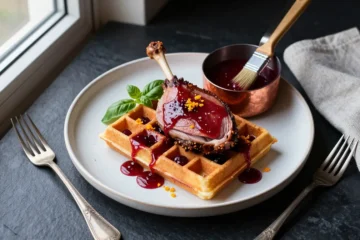 Brunch Flex: Rhubarb-Basil Reduction | Tart-Sweet Duck & Waffle Topper