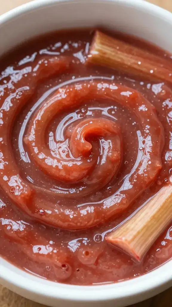 closeup bowl of rhubarb-basil reduction, glossy swirl