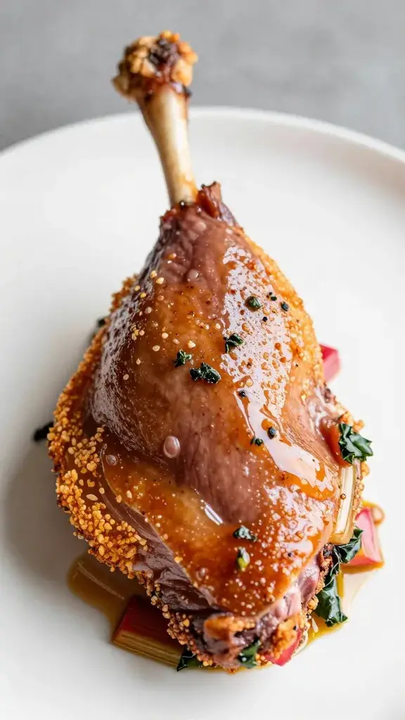 crispy duck confit leg with rhubarb-basil glaze, macro