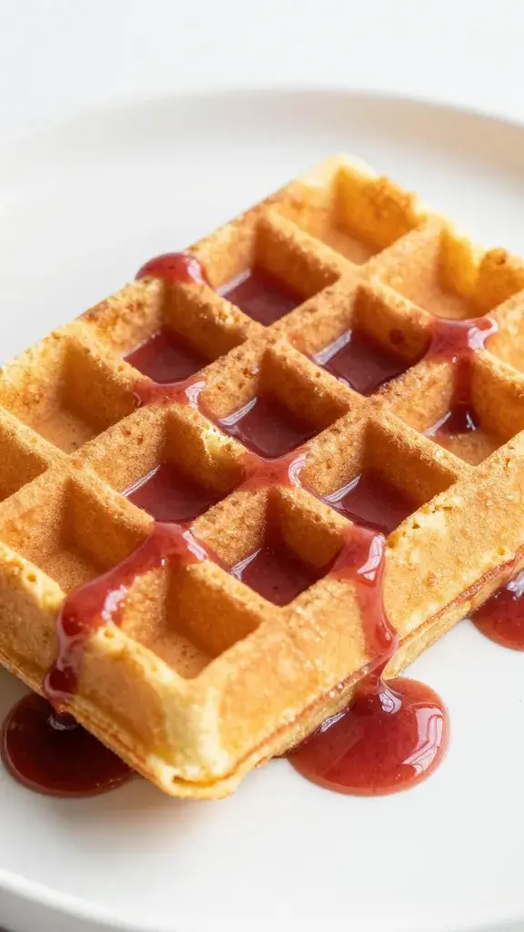 golden Belgian waffle slice with rhubarb reduction drizzle