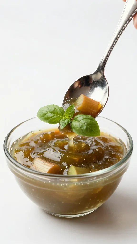 silver spoon dipped in rhubarb-basil sauce, studio light