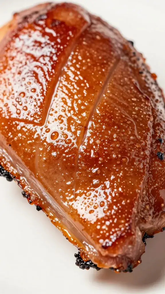 seared duck skin detail with lacquered rhubarb glaze