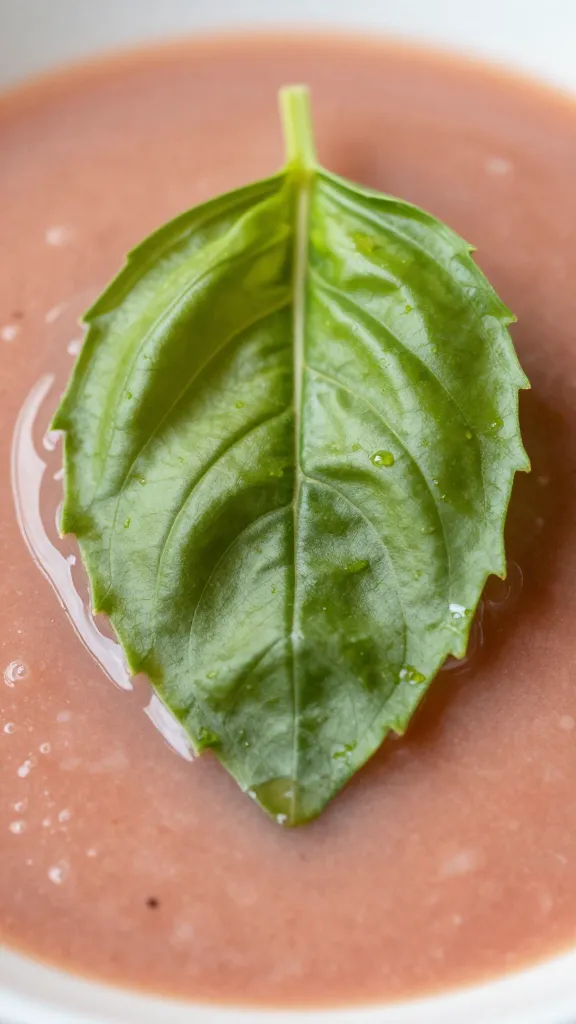 basil leaf resting on rhubarb sauce surface, macro