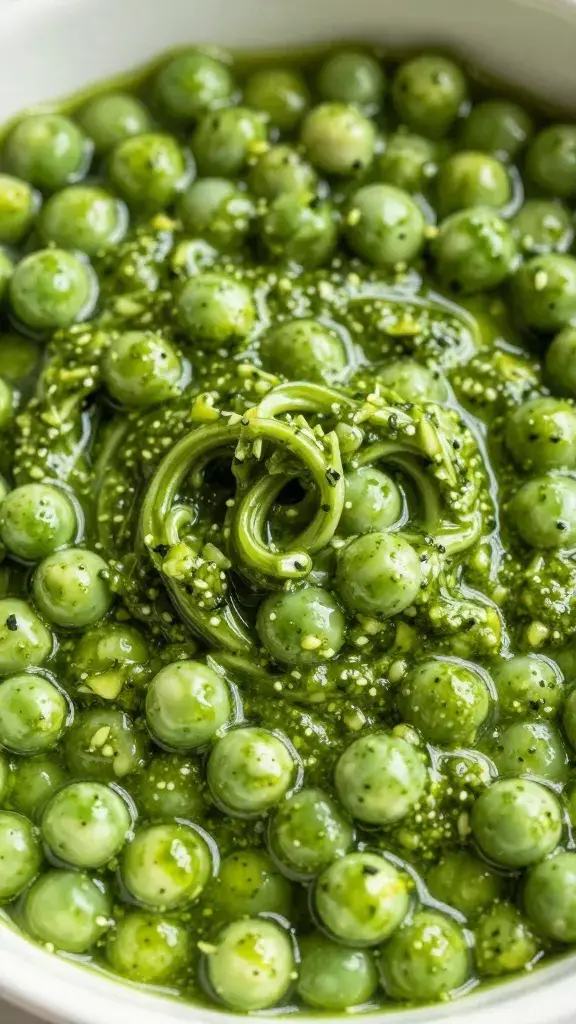 closeup bowl of pea-shoot pesto, glossy green swirl