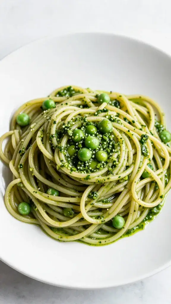 single plate of linguine coated in pea-shoot pesto