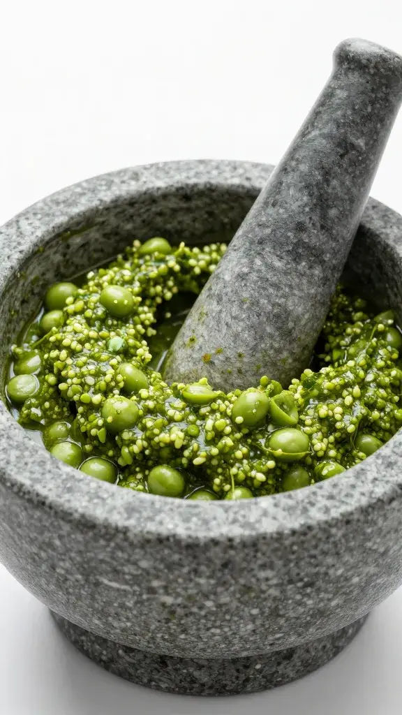 mortar with pea-shoot pesto and pestle, tight shot