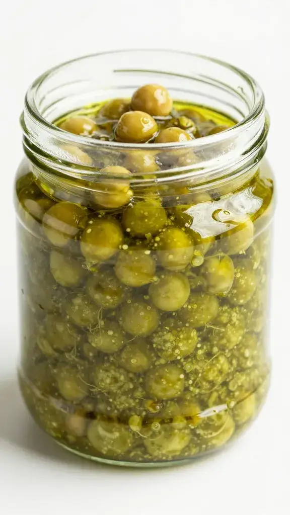 glass jar of pea-shoot pesto with oil sheen