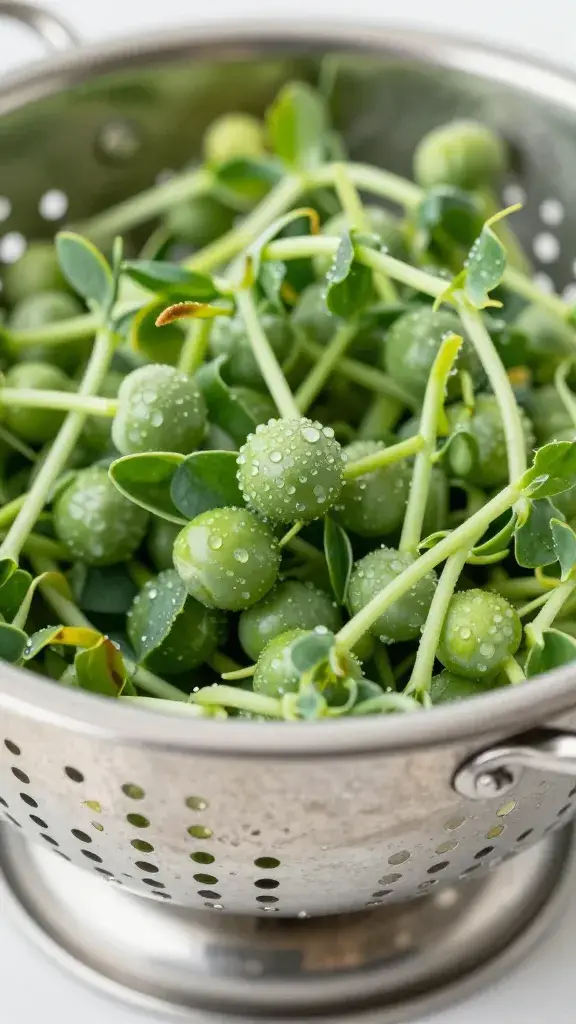 pea shoots in stainless colander, dewy closeup
