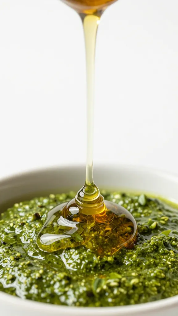 maple syrup drizzling into green pesto, macro stream
