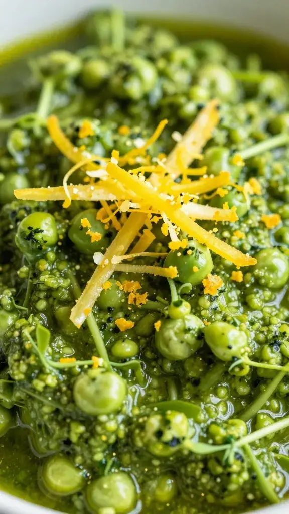 lemon zest atop pea-shoot pesto, extreme closeup