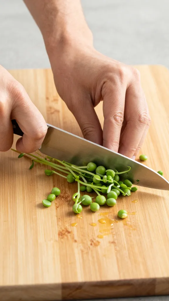 chef’s knife slicing pea shoots on maple board
