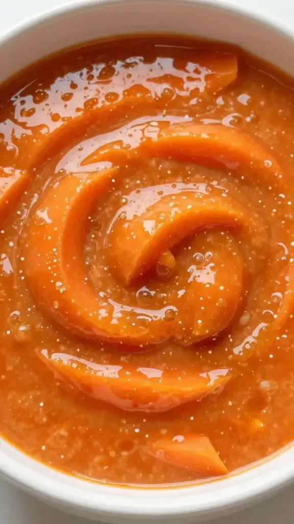 closeup bowl of carrot-ginger satay sauce, glossy surface