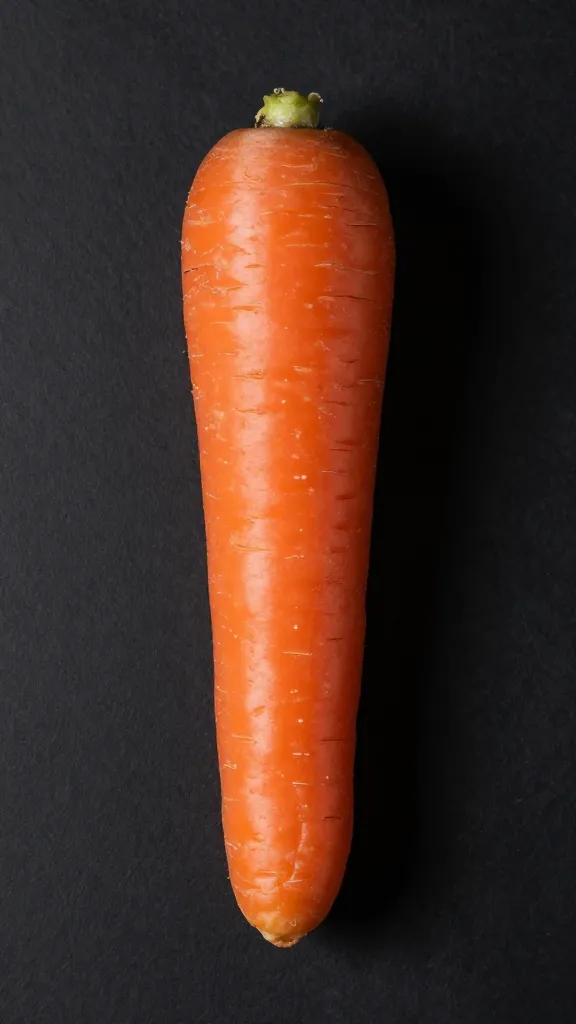 single raw carrot, peeled, on matte black backdrop