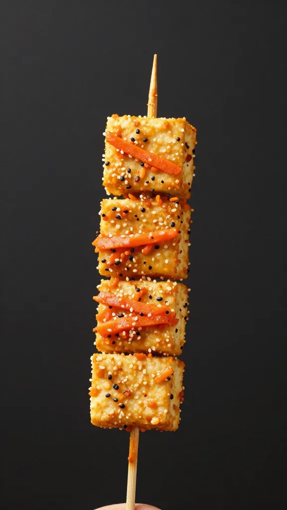 tofu skewer coated in carrot-ginger satay, studio lighting