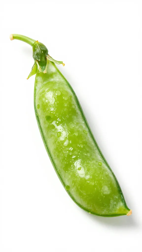 snap pea half-dipped in satay, clean white background