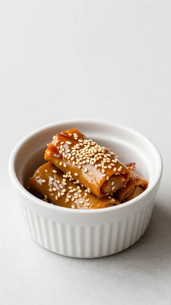 small ceramic ramekin of satay with sesame garnish