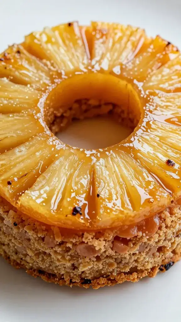 caramelized pineapple ring atop ham crust, closeup