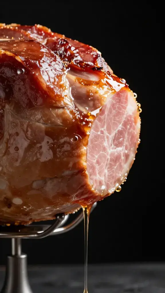 sticky glaze dripping from ham edge, studio lighting