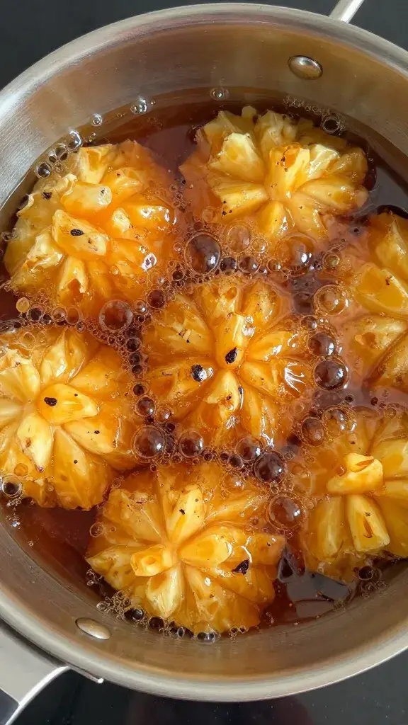 saucepan of bubbling brown sugar pineapple glaze, overhead