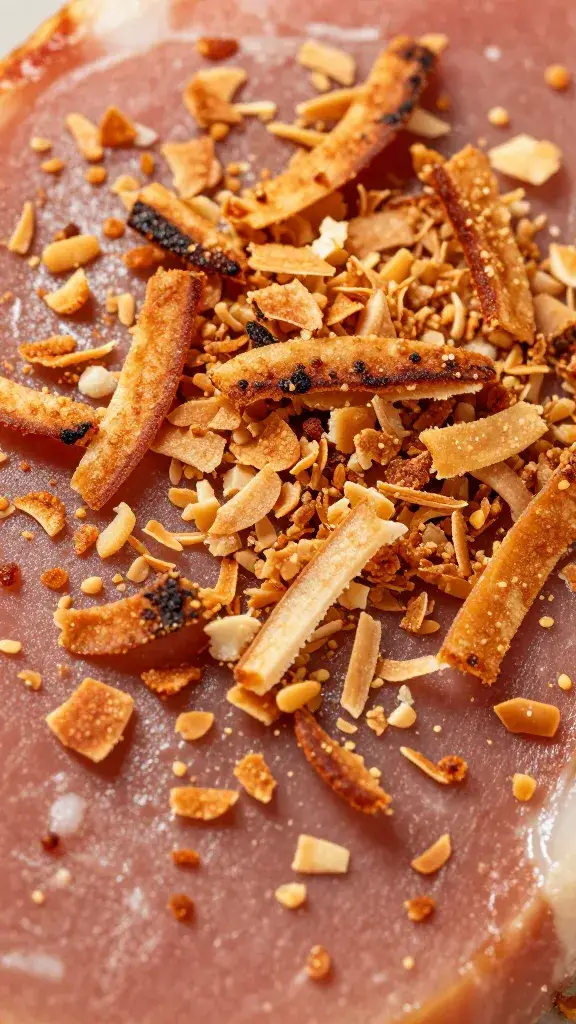 toasted coconut flakes clinging to ham surface, macro