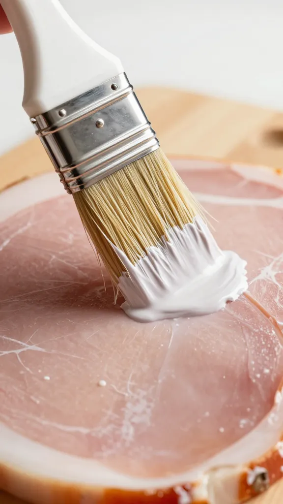 pastry brush painting final glaze layer on ham, closeup