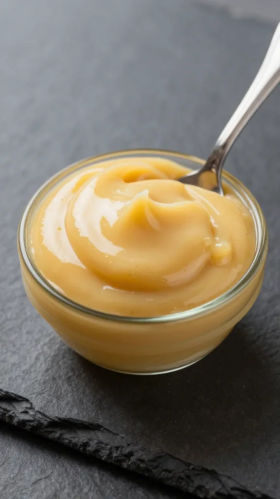 spoonful of tarragon-mustard cream, glossy, on dark slate