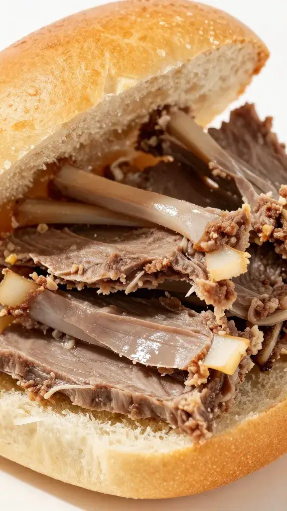 closeup of sliced leftover lamb piled on a brioche bun