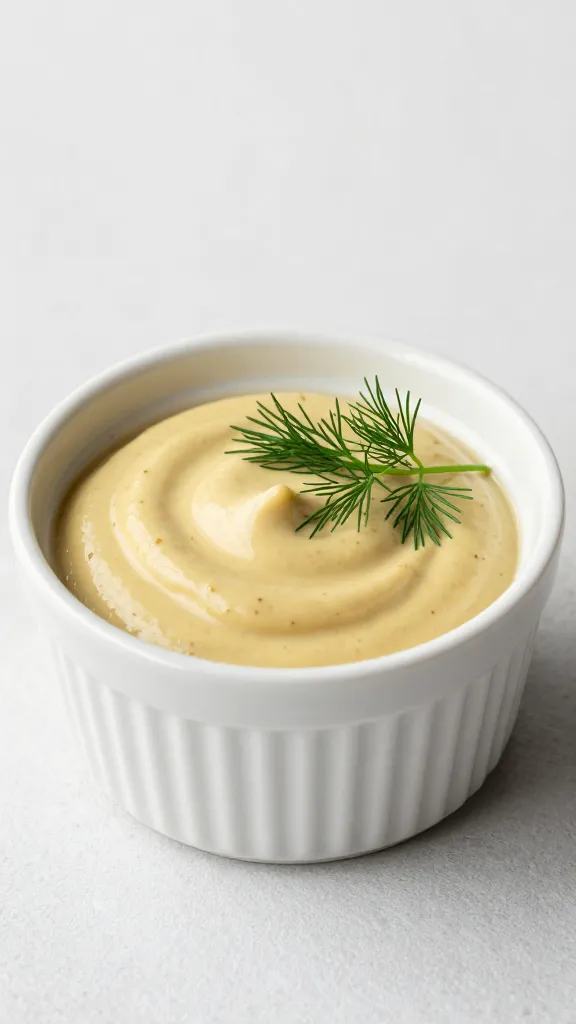 ceramic ramekin of tarragon-mustard sauce, fresh tarragon garnish