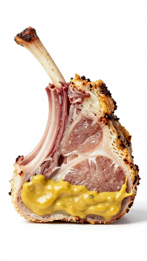 cross-section lamb sando with visible creamy mustard layer