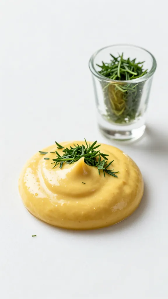 Dijon mustard dollop beside finely chopped tarragon, macro shot