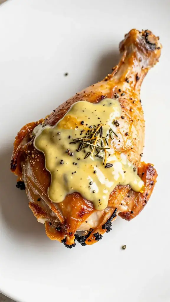 single roast chicken thigh brushed with tarragon-mustard cream